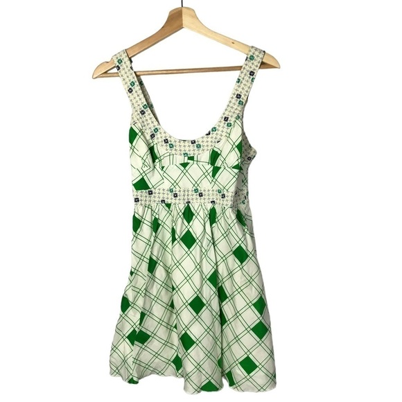 Free People Y2K White & Green Printed Fit & Flare Mini Dress 4 - Picture 1 of 3